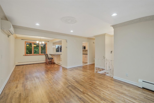 4 Mason Ct, Levittown, NY 11756 - unfurnished room with light wood finished floors, a wall unit AC, a baseboard heating unit, a chandelier, and baseboard heating
