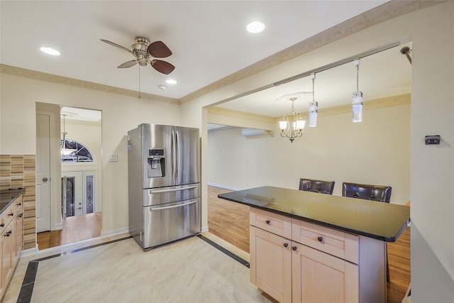 4 Mason Ct, Levittown, NY 11756 - kitchen featuring stainless steel fridge with ice dispenser, ceiling fan, dark countertops, a chandelier, and recessed lighting