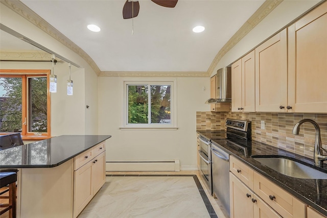 4 Mason Ct, Levittown, NY 11756 - kitchen with baseboard heating, a sink, stainless steel appliances, wall chimney exhaust hood, and inlaid floor details