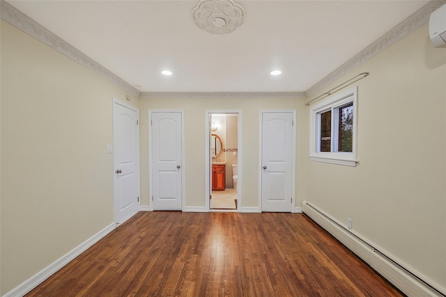 4 Mason Ct, Levittown, NY 11756 - unfurnished bedroom featuring baseboard heating, dark wood-type flooring, baseboards, a wall mounted air conditioner, and recessed lighting