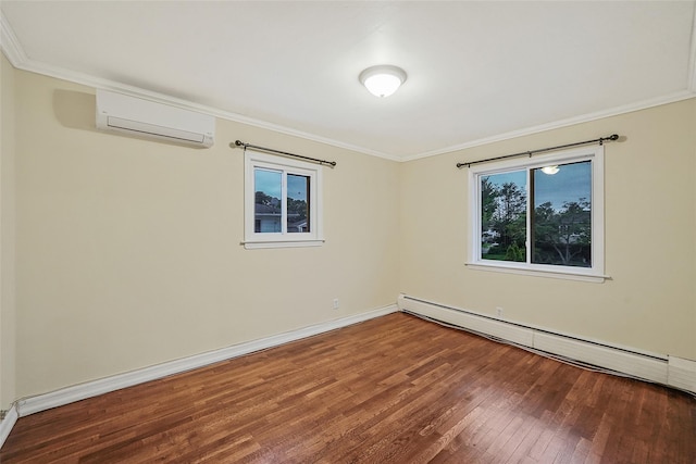 4 Mason Ct, Levittown, NY 11756 - empty room featuring a wall mounted air conditioner, baseboard heating, wood-type flooring, ornamental molding, and baseboards