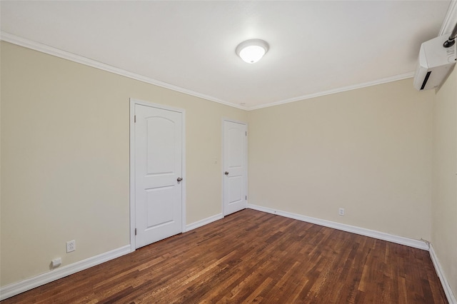 4 Mason Ct, Levittown, NY 11756 - unfurnished bedroom featuring dark wood-style flooring, baseboards, ornamental molding, and a wall mounted air conditioner