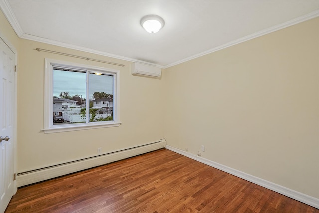 4 Mason Ct, Levittown, NY 11756 - unfurnished room featuring a baseboard heating unit, a wall mounted air conditioner, wood finished floors, crown molding, and baseboards