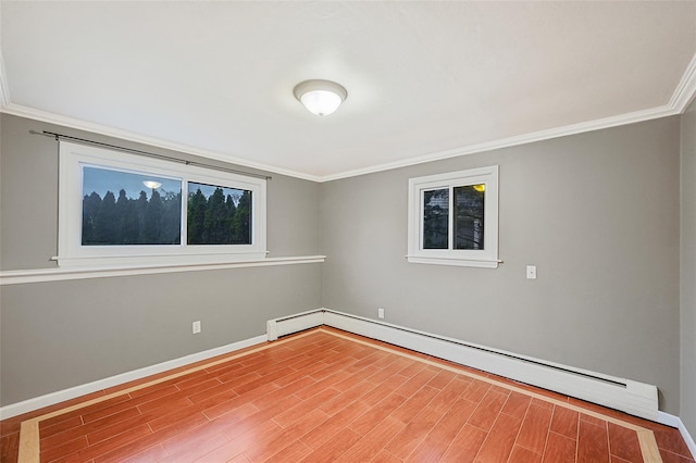 4 Mason Ct, Levittown, NY 11756 - spare room featuring baseboards, crown molding, baseboard heating, and wood finished floors