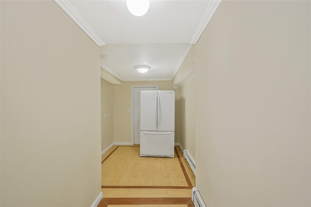 4 Mason Ct, Levittown, NY 11756 - corridor featuring a baseboard heating unit, crown molding, baseboards, and light wood-type flooring
