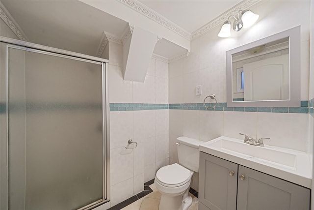 4 Mason Ct, Levittown, NY 11756 - full bath with tile walls, vanity, toilet, a stall shower, and tile patterned flooring