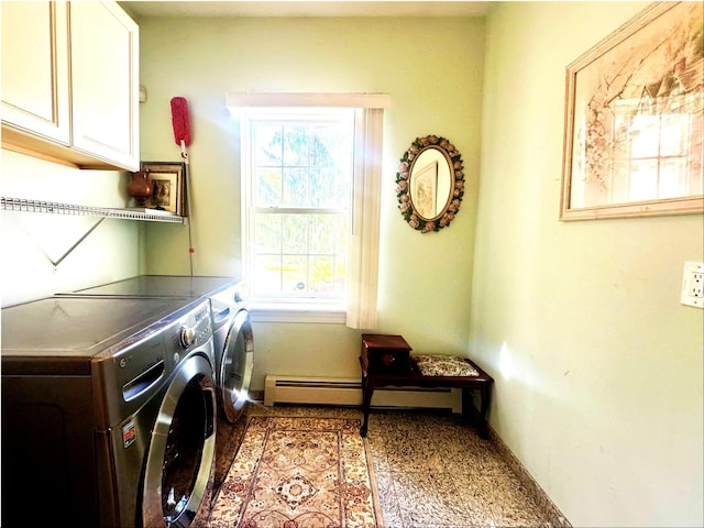 344 Ingrassia Rd, Middletown, NY 10940 - laundry area with cabinet space, washing machine and clothes dryer, baseboards, and a baseboard heating unit