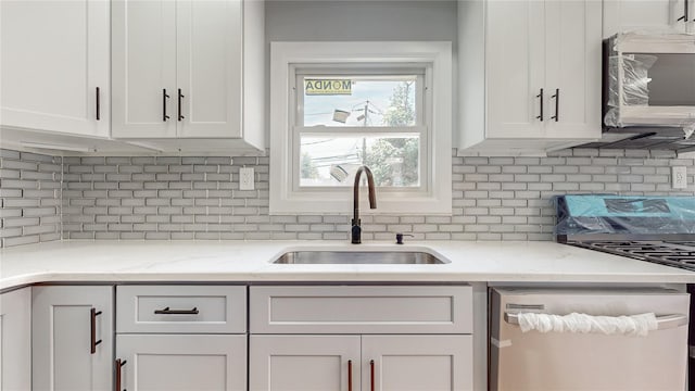 596 Terrace Pl, Baldwin, NY 11510 - kitchen featuring stainless steel appliances, a sink, white cabinetry, and decorative backsplash