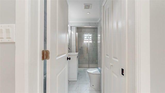 596 Terrace Pl, Baldwin, NY 11510 - full bath featuring marble look tiles, toilet, a shower stall, and a sink