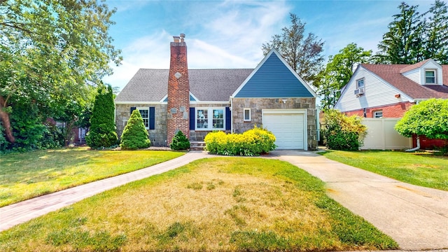 596 Terrace Pl, Baldwin, NY 11510 - view of front of home with concrete driveway, stone siding, an attached garage, and a chimney