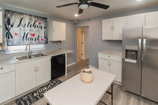 750 Irish Cape Rd, Ellenville, NY 12428 - kitchen featuring stainless steel refrigerator with ice dispenser, a sink, dishwasher, a ceiling fan, and white cabinets