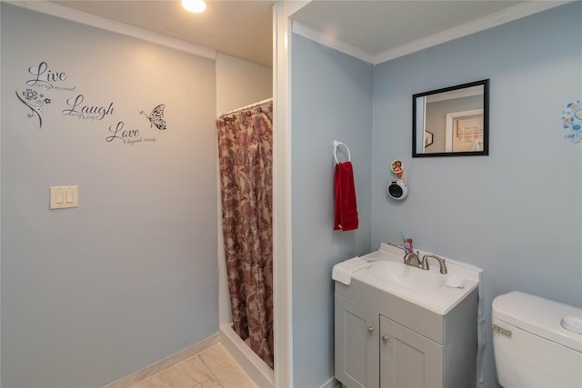 750 Irish Cape Rd, Ellenville, NY 12428 - bathroom with vanity, toilet, crown molding, a shower with shower curtain, and marble finish floors