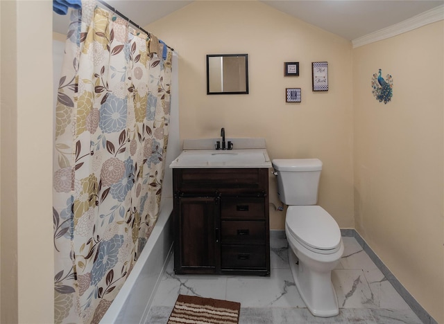 750 Irish Cape Rd, Ellenville, NY 12428 - bathroom featuring marble look tiles, toilet, vanity, shower / bathtub combination with curtain, and crown molding
