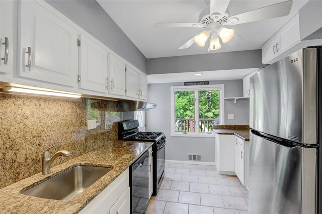 10 Charter Ct, Dix Hills, NY 11746 - kitchen with black appliances, a sink, stone countertops, baseboards, and white cabinetry