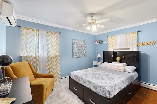 49 Sherwood Rd, Cortlandt Manor, NY 10567 - bedroom featuring an AC wall unit, ornamental molding, a ceiling fan, and wood finished floors