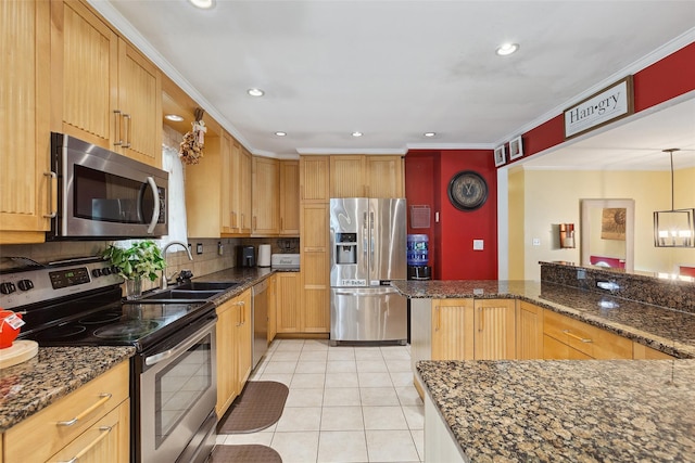 49 Sherwood Rd, Cortlandt Manor, NY 10567 - kitchen with appliances with stainless steel finishes, a sink, light tile patterned flooring, recessed lighting, and tasteful backsplash