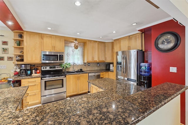 49 Sherwood Rd, Cortlandt Manor, NY 10567 - kitchen featuring appliances with stainless steel finishes, a sink, backsplash, crown molding, and light brown cabinetry