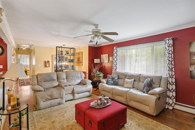 49 Sherwood Rd, Cortlandt Manor, NY 10567 - living room featuring ceiling fan, crown molding, wood finished floors, and a baseboard radiator