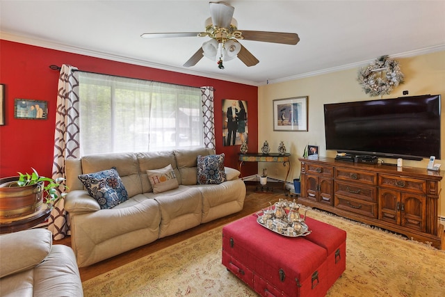 49 Sherwood Rd, Cortlandt Manor, NY 10567 - living room featuring a ceiling fan, ornamental molding, and wood finished floors