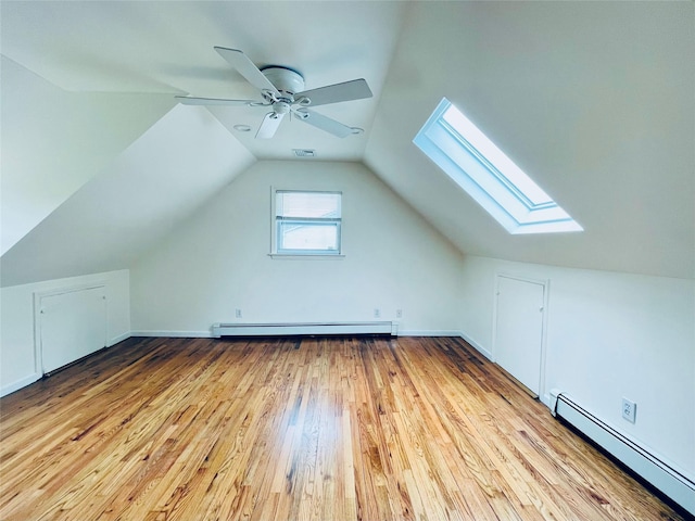 24 Gaymor Ln, Commack, NY 11725 - bonus room with baseboard heating, a skylight, light wood-style flooring, vaulted ceiling, and ceiling fan