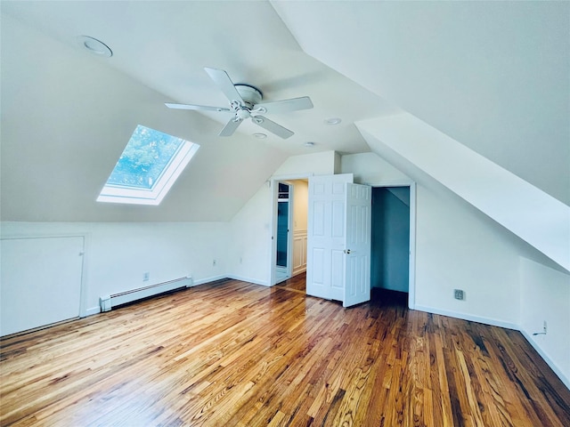 24 Gaymor Ln, Commack, NY 11725 - additional living space with a baseboard heating unit, a skylight, wood finished floors, lofted ceiling, and ceiling fan