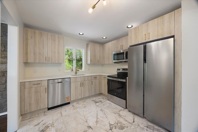 15 Mari Rd, Chester, NY 10918 - kitchen with appliances with stainless steel finishes, light brown cabinets, light marble finish floors, light countertops, and a sink