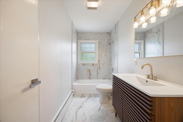 15 Mari Rd, Chester, NY 10918 - bathroom with vanity, baseboard heating, washtub / shower combination, marble finish floors, and toilet