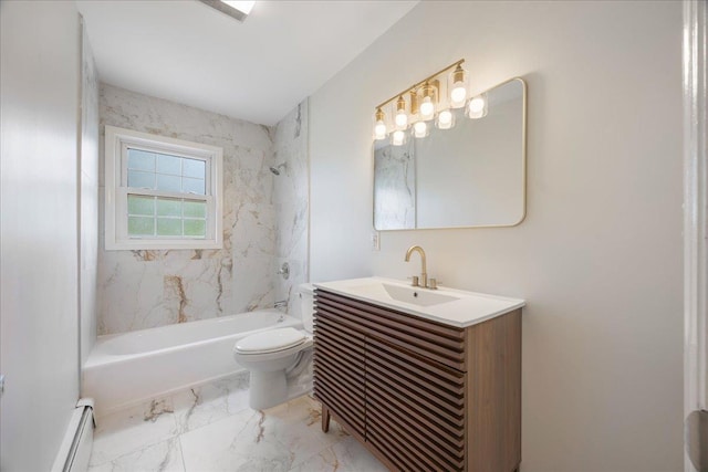 15 Mari Rd, Chester, NY 10918 - bathroom featuring baseboard heating, toilet, vanity, washtub / shower combination, and marble look tiles