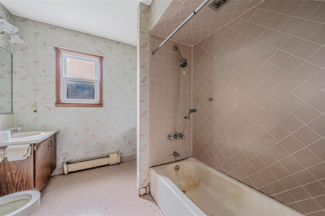 155 Carman Ave, East Rockaway, NY 11518 - bathroom featuring a baseboard heating unit, bathtub / shower combination, vanity, wallpapered walls, and tile patterned flooring