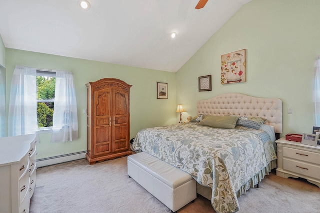 14 Arlington St, Patchogue, NY 11772 - bedroom with a baseboard radiator, light colored carpet, vaulted ceiling, ceiling fan, and recessed lighting