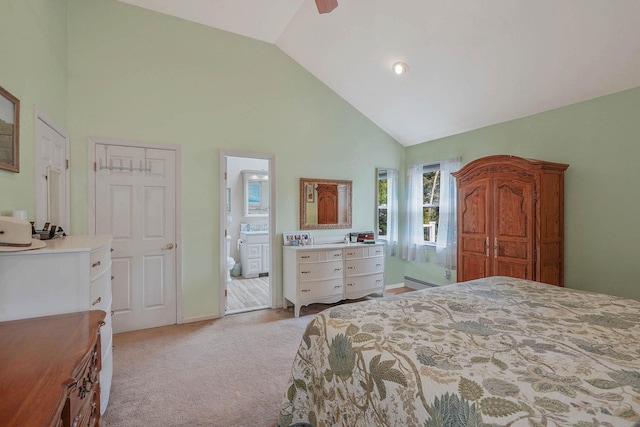 14 Arlington St, Patchogue, NY 11772 - bedroom featuring high vaulted ceiling, light colored carpet, ensuite bathroom, and ceiling fan