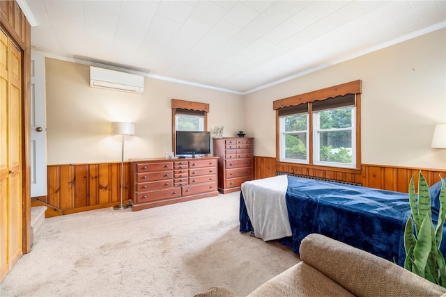 17 Denton Ave, East Rockaway, NY 11518 - bedroom featuring a wainscoted wall, a wall mounted air conditioner, carpet floors, and ornamental molding