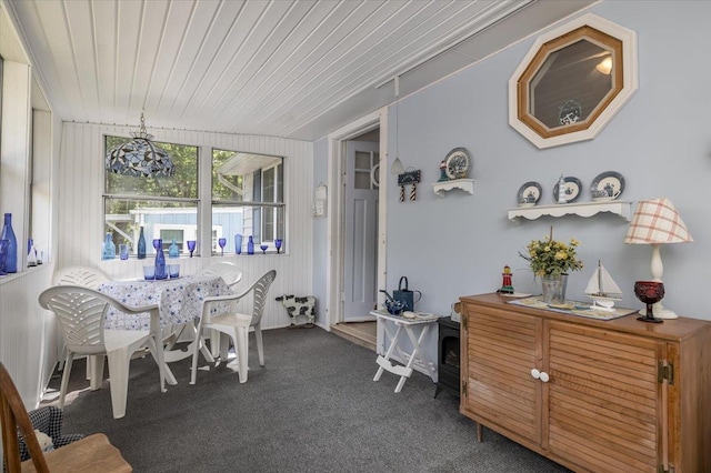 25 Cottage Rd, Baiting Hollow, NY 11933 - dining area with carpet, lofted ceiling, and wood ceiling