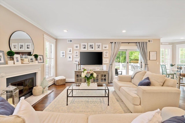 57 Harbor Park Dr, Centerport, NY 11721 - living room with crown molding, plenty of natural light, a glass covered fireplace, wood finished floors, and recessed lighting