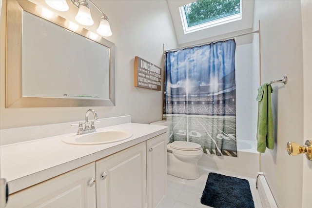 57 Harbor Park Dr, Centerport, NY 11721 - full bath featuring a baseboard radiator, vanity, shower / bath combo, a skylight, and tile patterned flooring