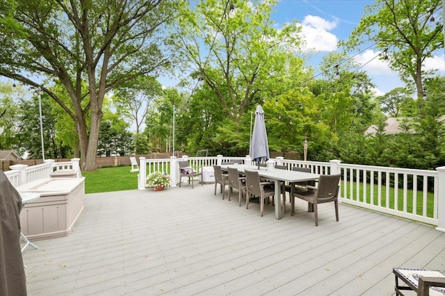 57 Harbor Park Dr, Centerport, NY 11721 - wooden deck featuring outdoor dining space and view of scattered trees