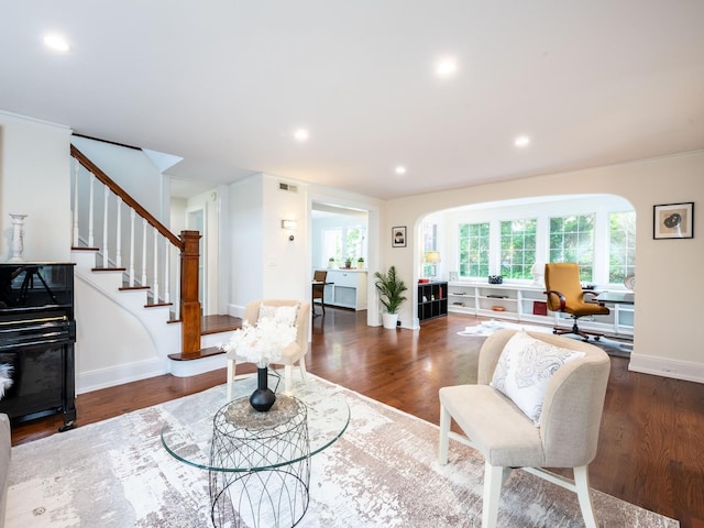 62 Webster Ave, Manhasset, NY 11030 - living area featuring plenty of natural light, wood finished floors, stairs, and recessed lighting