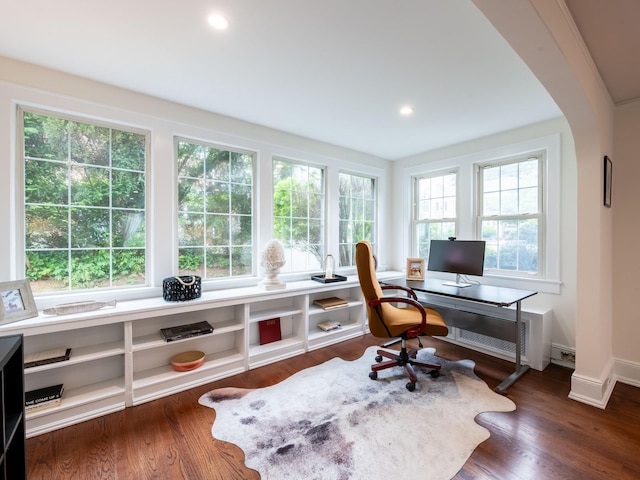 62 Webster Ave, Manhasset, NY 11030 - office with arched walkways, recessed lighting, and dark wood-style flooring