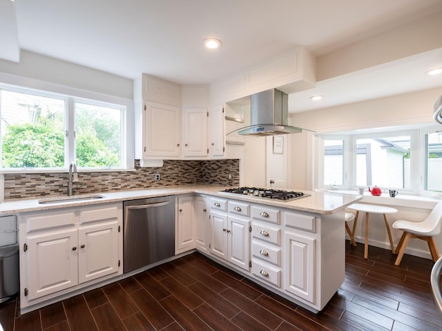 62 Webster Ave, Manhasset, NY 11030 - kitchen with appliances with stainless steel finishes, extractor fan, backsplash, white cabinetry, and recessed lighting