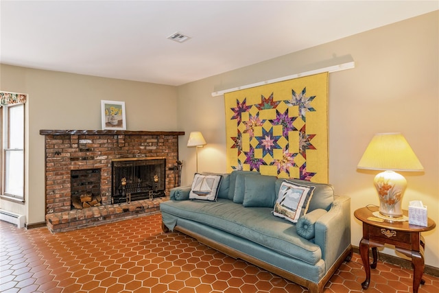 32 Lower Cross, Shoreham, NY 11786 - tiled living room featuring a fireplace and baseboard heating