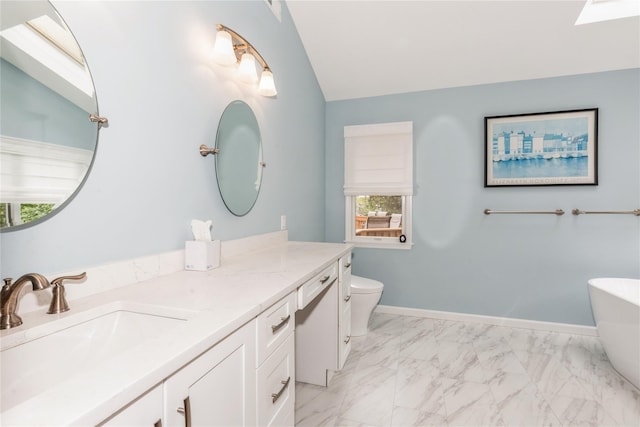 32 Lower Cross, Shoreham, NY 11786 - full bathroom featuring vanity, a soaking tub, marble finish flooring, lofted ceiling, and toilet