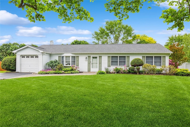 16 Puritan Ave, Mount Sinai, NY 11766 - ranch-style house featuring a front lawn, a garage, driveway, and a chimney
