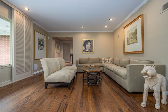 211 N Little Tor Rd, New City, NY 10956 - living room with dark wood-style flooring, ornamental molding, baseboards, and recessed lighting