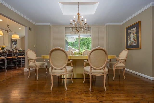 211 N Little Tor Rd, New City, NY 10956 - dining room featuring a chandelier, baseboards, dark wood-style flooring, crown molding, and a raised ceiling