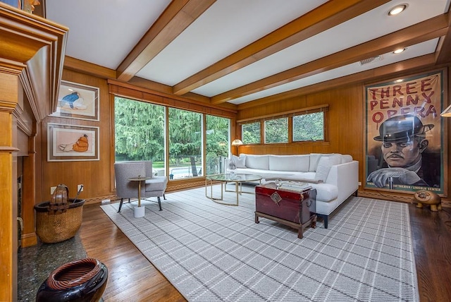 211 N Little Tor Rd, New City, NY 10956 - living area featuring beam ceiling, wooden walls, wood finished floors, and recessed lighting