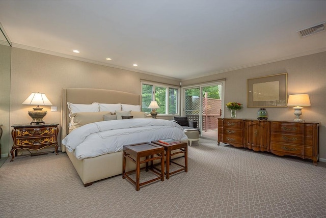 211 N Little Tor Rd, New City, NY 10956 - carpeted bedroom featuring access to exterior, ornamental molding, recessed lighting, and baseboards