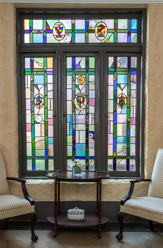 detailed view of wallpapered walls