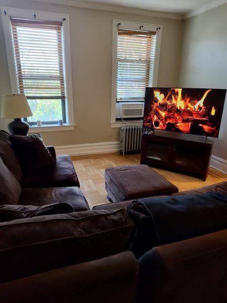 living room featuring radiator heating unit, ornamental molding, baseboards, and cooling unit