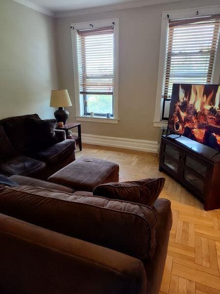 living area featuring baseboards and crown molding