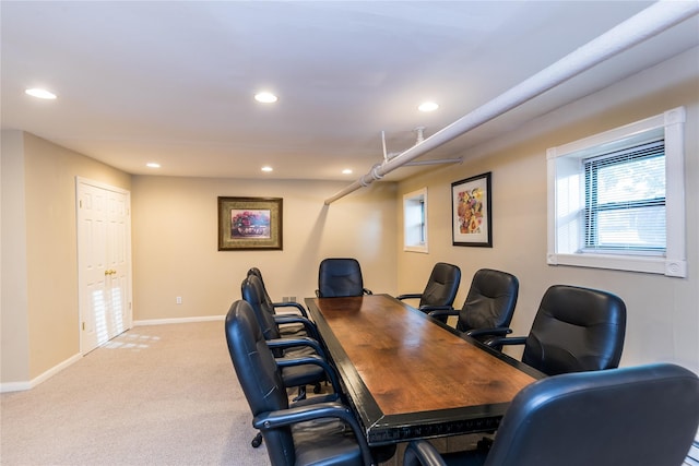 home office with recessed lighting, carpet flooring, and baseboards